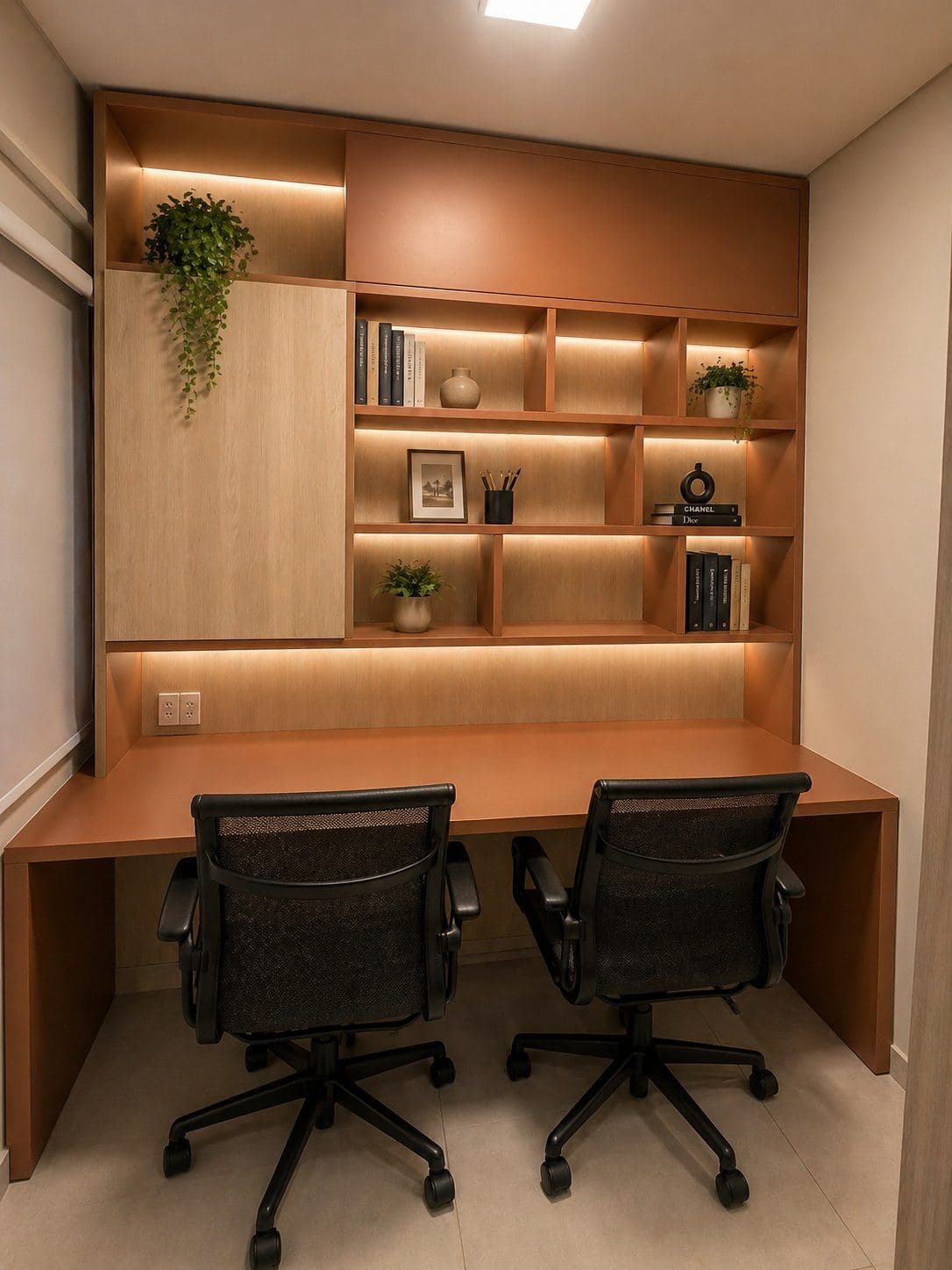 MYJOB Executive: sala privativa com bancada terracota, duas cadeiras pretas e estante iluminada com livros e plantas