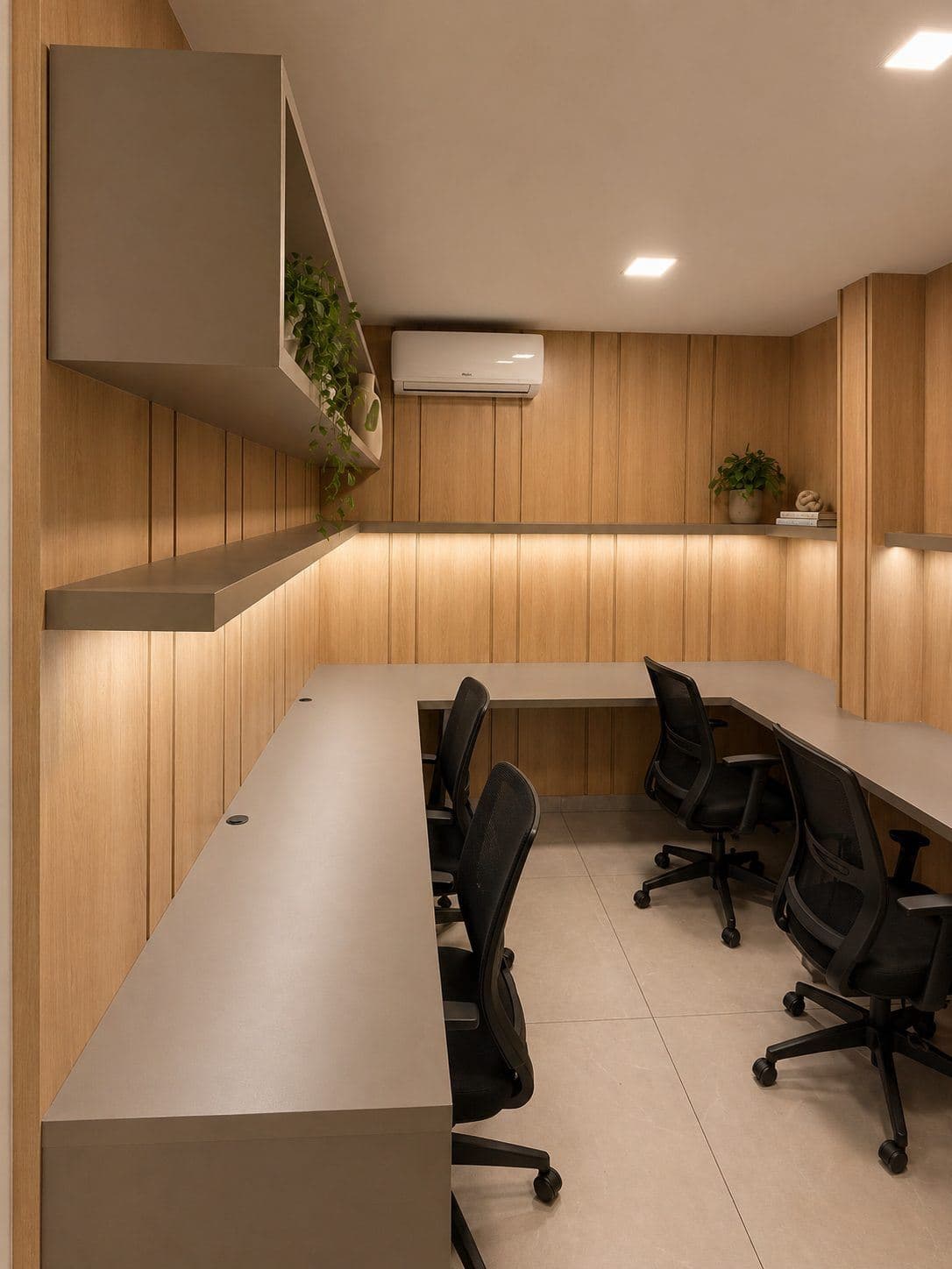 MYJOB Executive: sala privativa com bancadas em L, cadeiras pretas, painéis de madeira e nicho iluminado