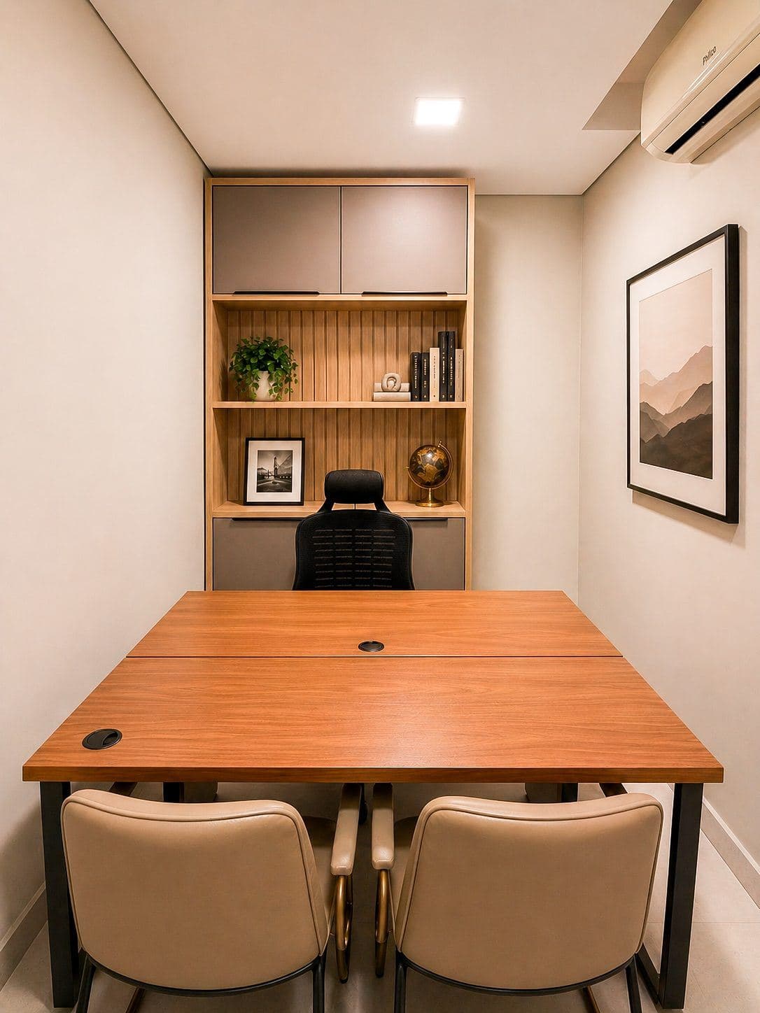 MYJOB Executive: sala privativa com mesa amadeirada, cadeiras claras, estante com livros ao fundo e quadro de paisagem