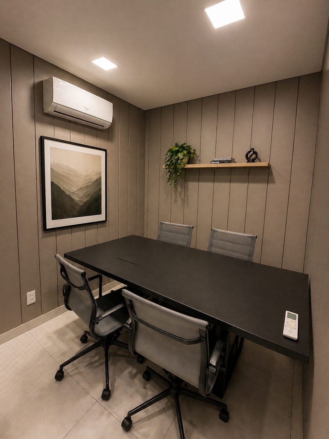 MYJOB Executive: sala privativa com mesa escura, quatro cadeiras cinza, painel ripado e quadro de paisagem