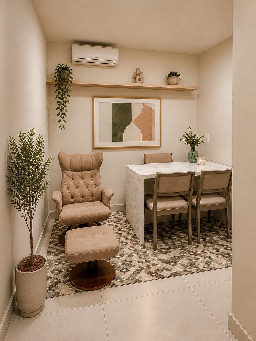 MYJOB Executive: sala privativa com poltrona estofada e pufe, mesa de mármore com três cadeiras, tapete e quadro